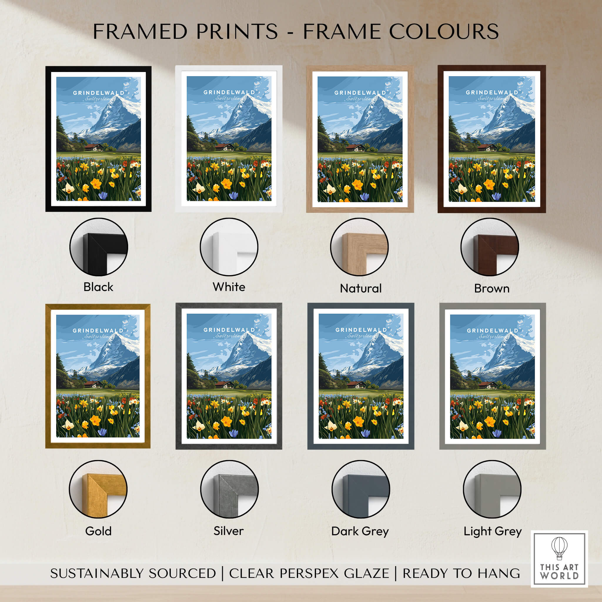 Grindelwald Switzerland Travel Poster | Alpine Wildflower Meadow Wall Art Print framed in various colors options.