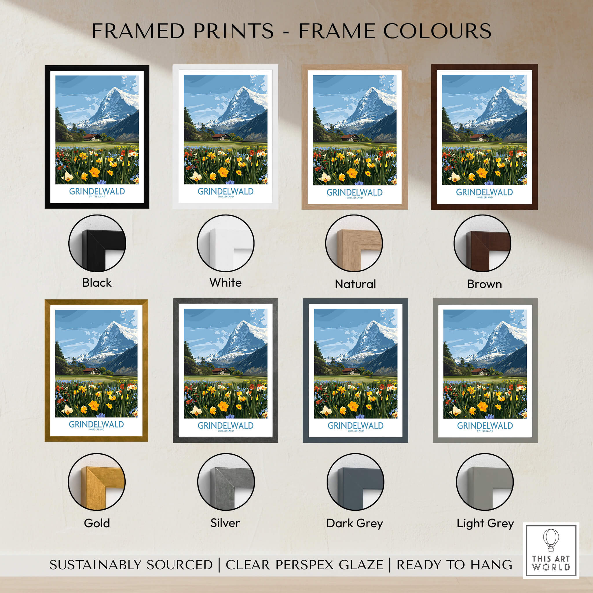 Grindelwald Switzerland Canvas Print | Scenic Swiss Village Landscape Poster framed in various colors.