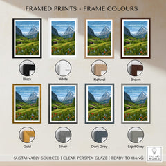 Grindelwald Switzerland Wall Art Print | Summer Alps Nature Travel Posters framed prints in various frame colors including black, white, natural, and brown.
