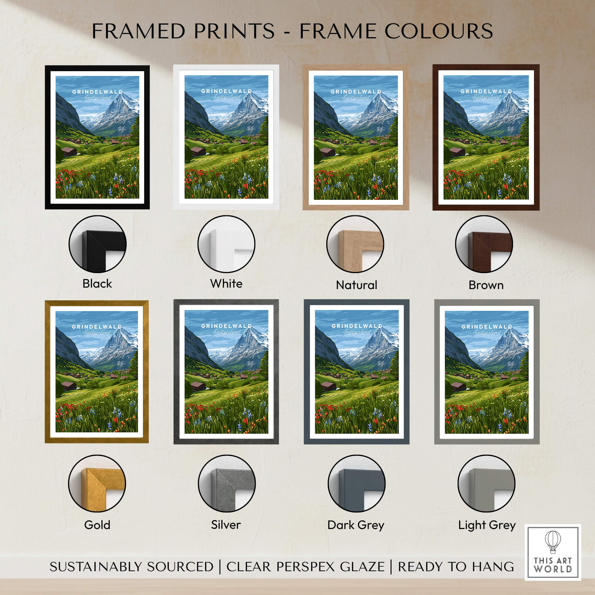 Grindelwald Switzerland Wall Art Print | Summer Alps Nature Travel Posters framed prints in various frame colors including black, white, natural, and brown.