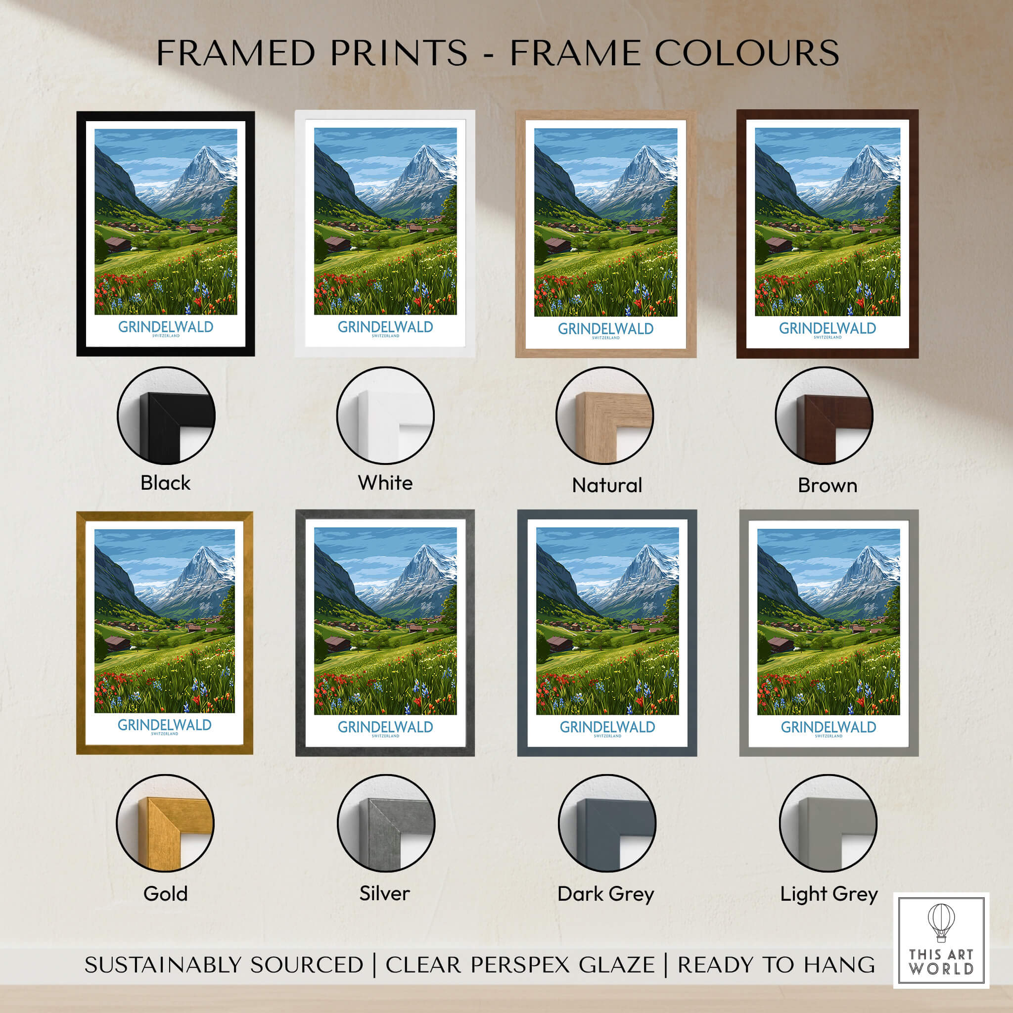 Grindelwald Switzerland Posters | Lush Green Mountain Valley Canvas Print framed prints in various colors