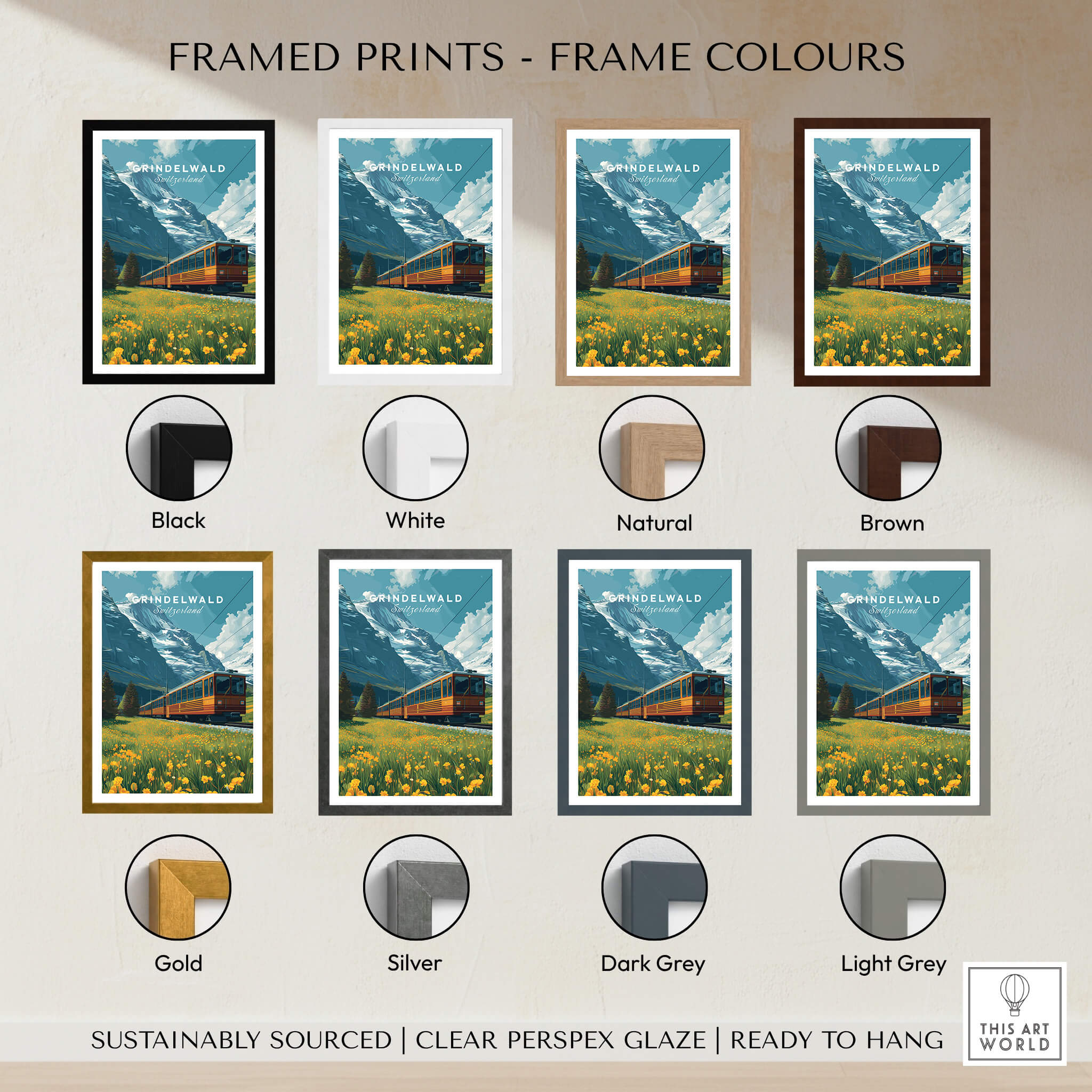Grindelwald Switzerland Travel Poster | Iconic Mountain Railway Wall Art Print framed in various colors.