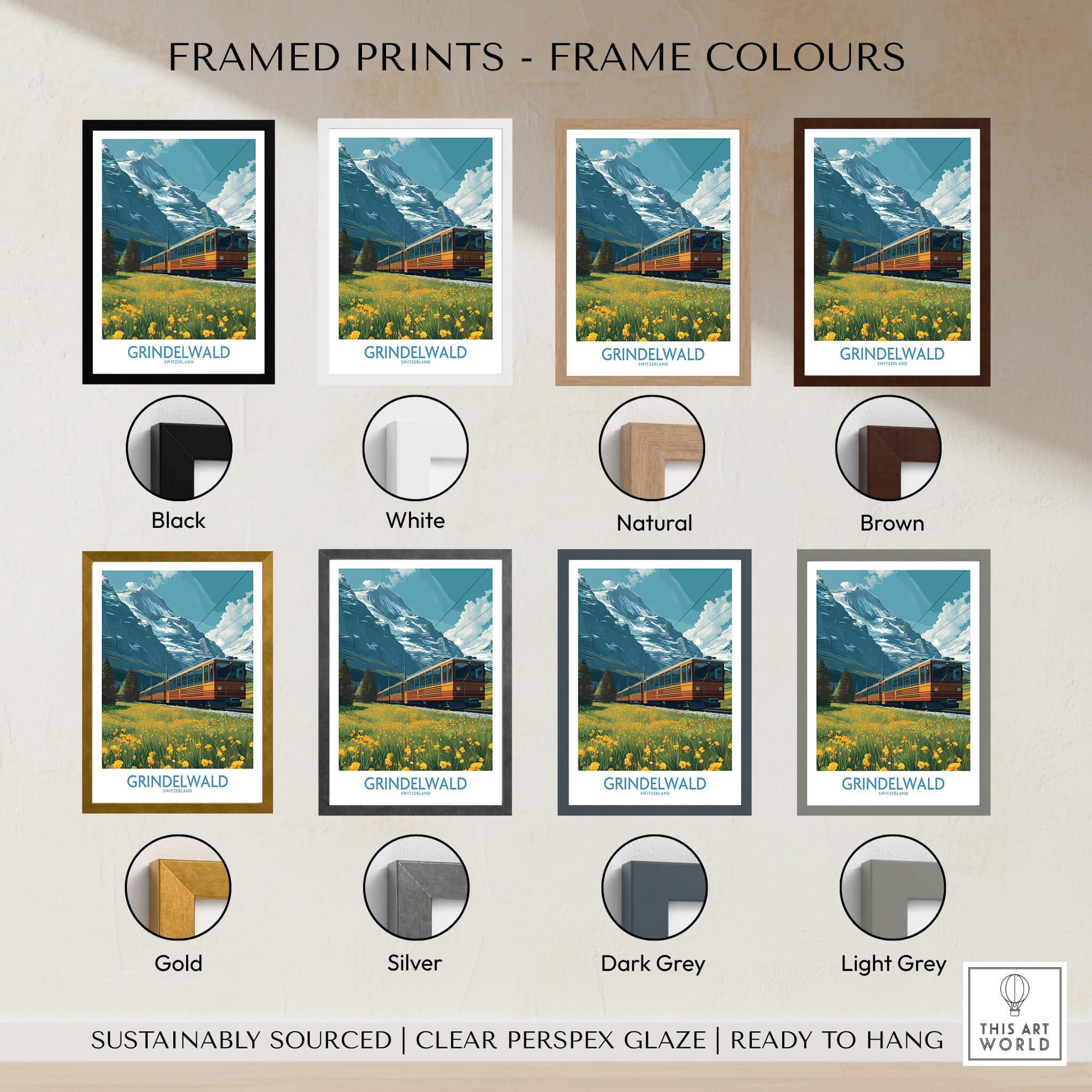 Grindelwald Switzerland Canvas Print | Swiss Alps Train Railway Scene Poster framed print colour options including black, white, natural, and brown.