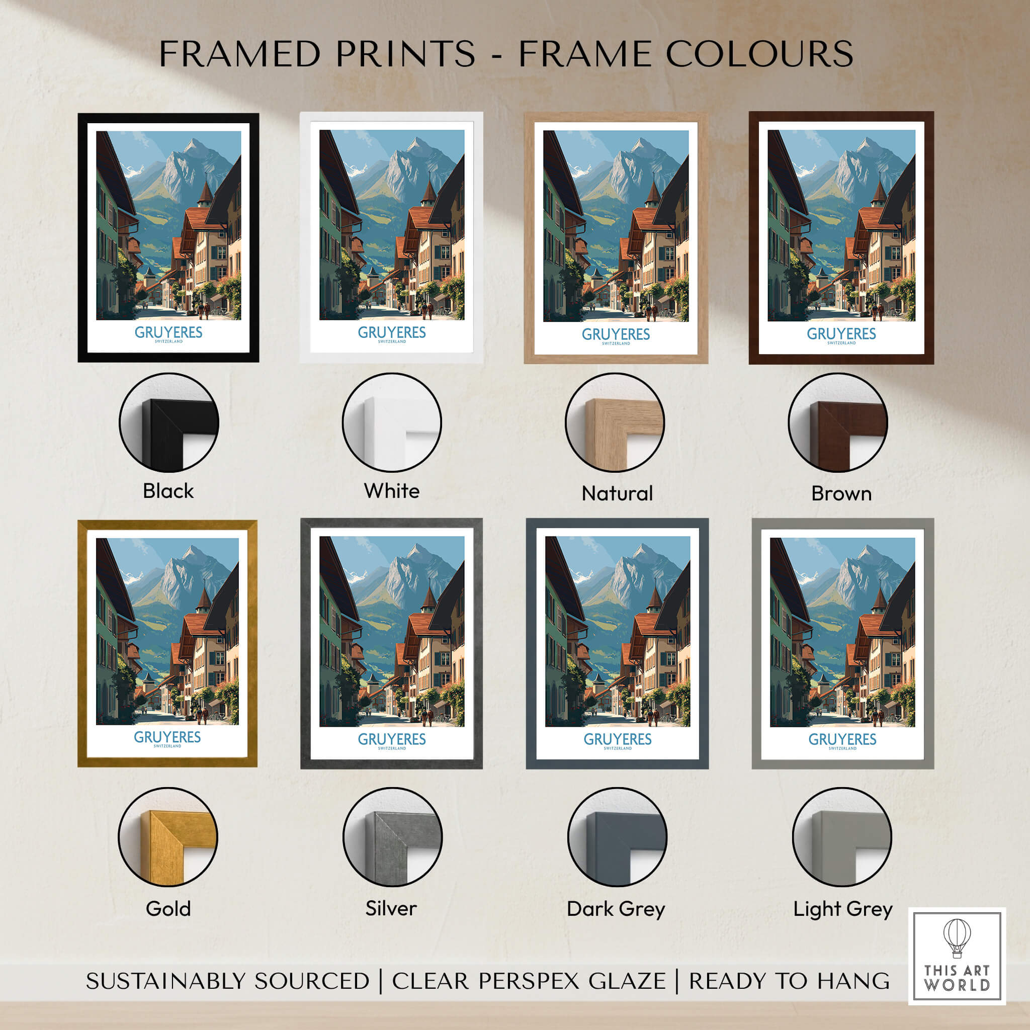 Gruyères Switzerland Poster | Historic European Town Architecture Canvas Print framed options in various colors.
