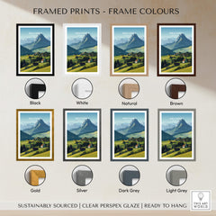 Gruyères Switzerland Travel Poster | Mountain Landscape Wall Art Print framed in various colors including black, white, brown, gold, and grey.