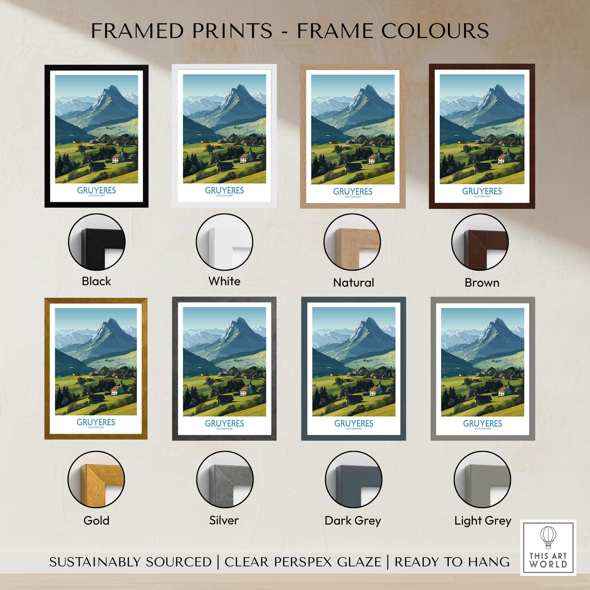 Framed prints showcasing various frame colors for Gruyères Switzerland Canvas Print | Charming Swiss Countryside Scenery Poster.