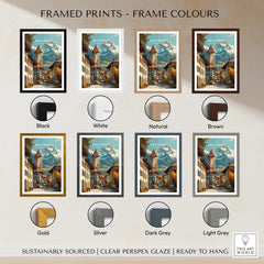 Framed prints showcasing Gruyères Switzerland Wall Art Print | Swiss Travel Poster in various frame colors.