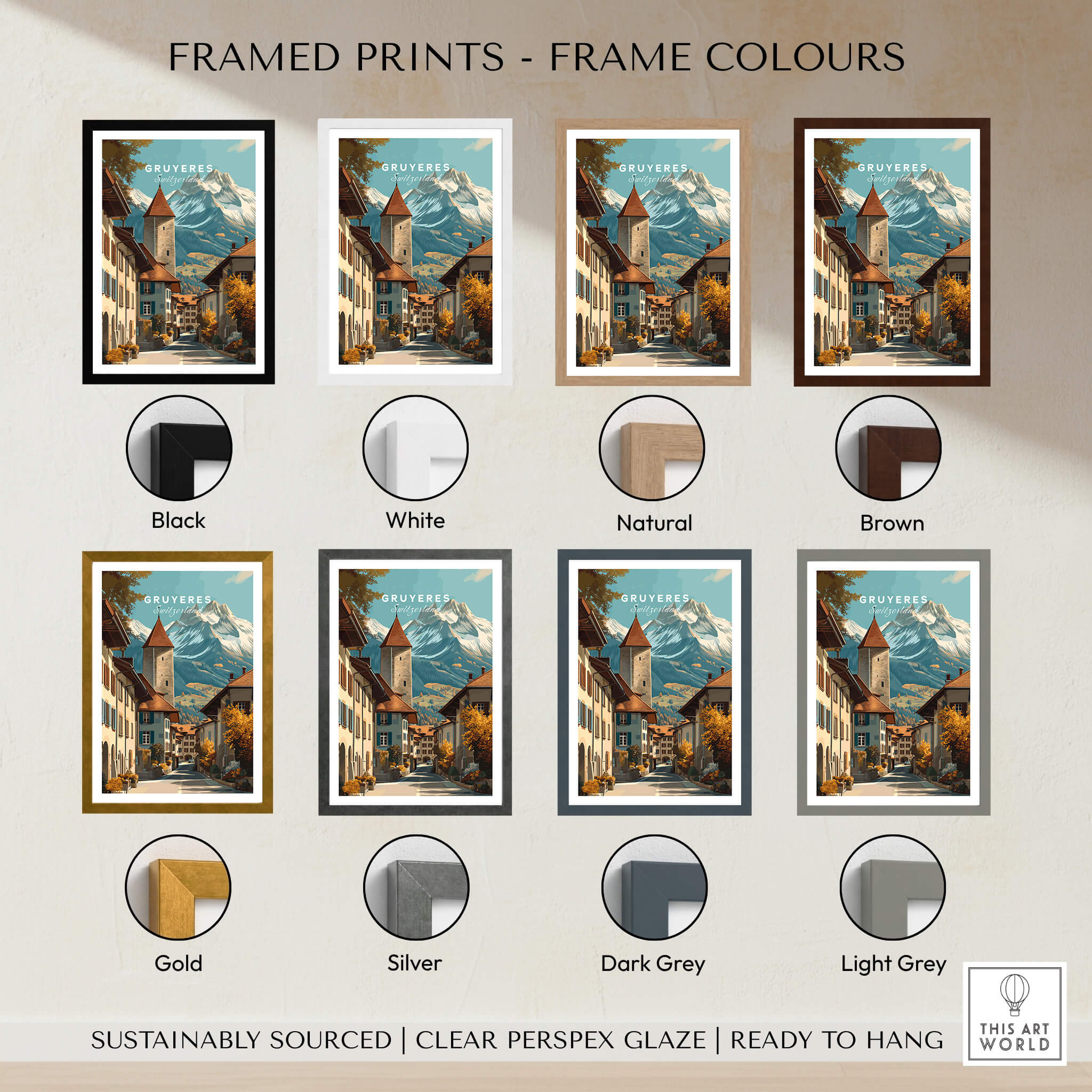 Framed prints showcasing Gruyères Switzerland Wall Art Print | Swiss Travel Poster in various frame colors.