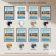 Herne Bay Kent Wall Art Print | British Travel Poster framed in various color options including Black, White, Natural, Brown, Gold, Silver, Dark Grey, and Light Grey.