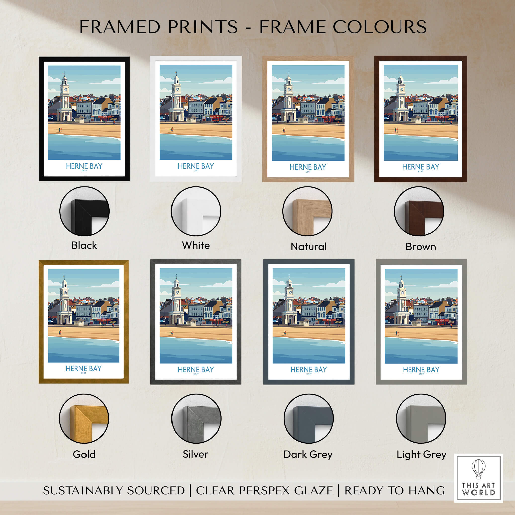 Framed prints of Herne Bay Kent Canvas Print Poster showcasing frame colors: Black, White, Natural, Brown, Gold, Silver, Dark Grey, Light Grey.