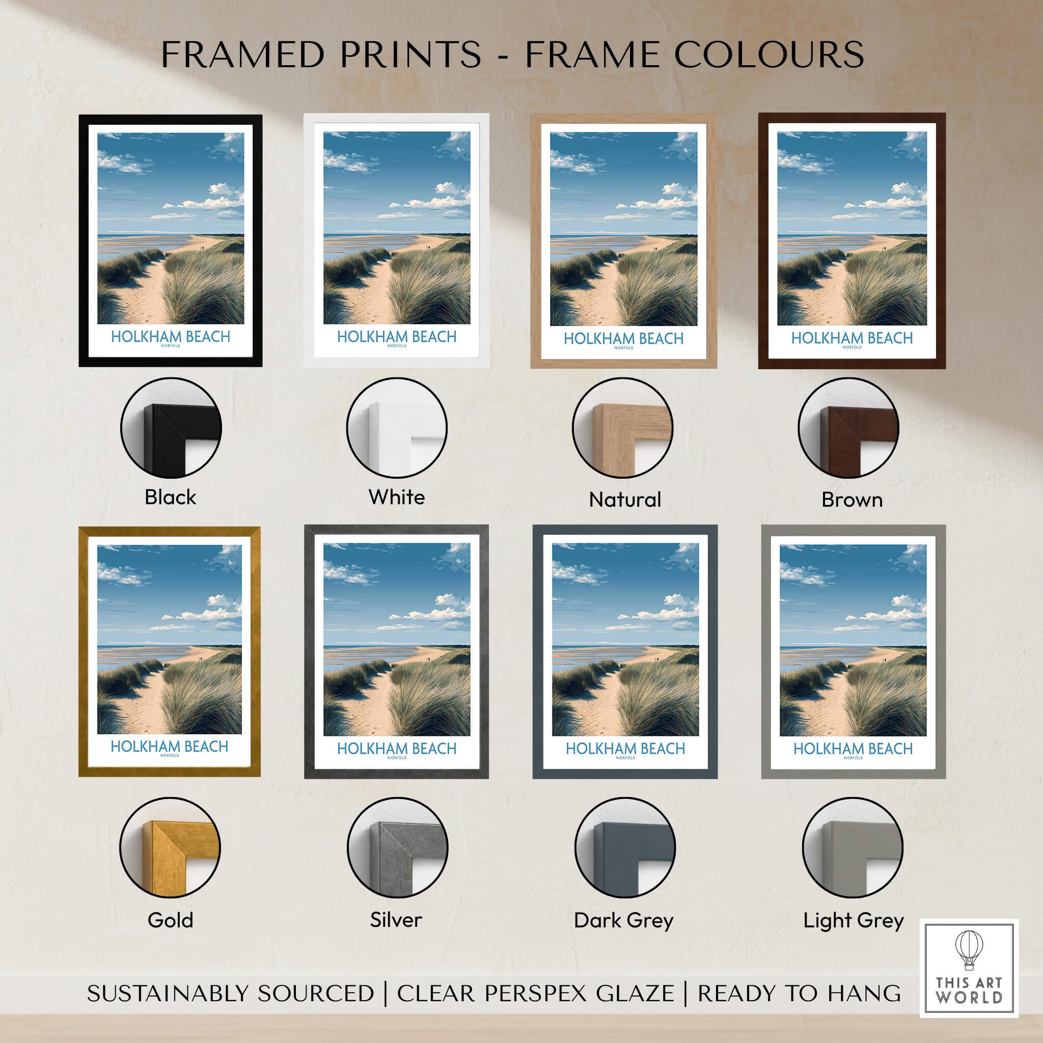 Framed prints in various colors featuring Holkham Beach Norfolk Poster | North Norfolk Shoreline Nature Canvas Print.