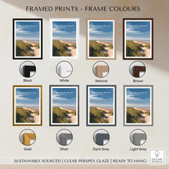 Holkham Beach Norfolk Travel Poster | Serene Beach Pathway Wall Art Print framed options including black, white, and brown frames.