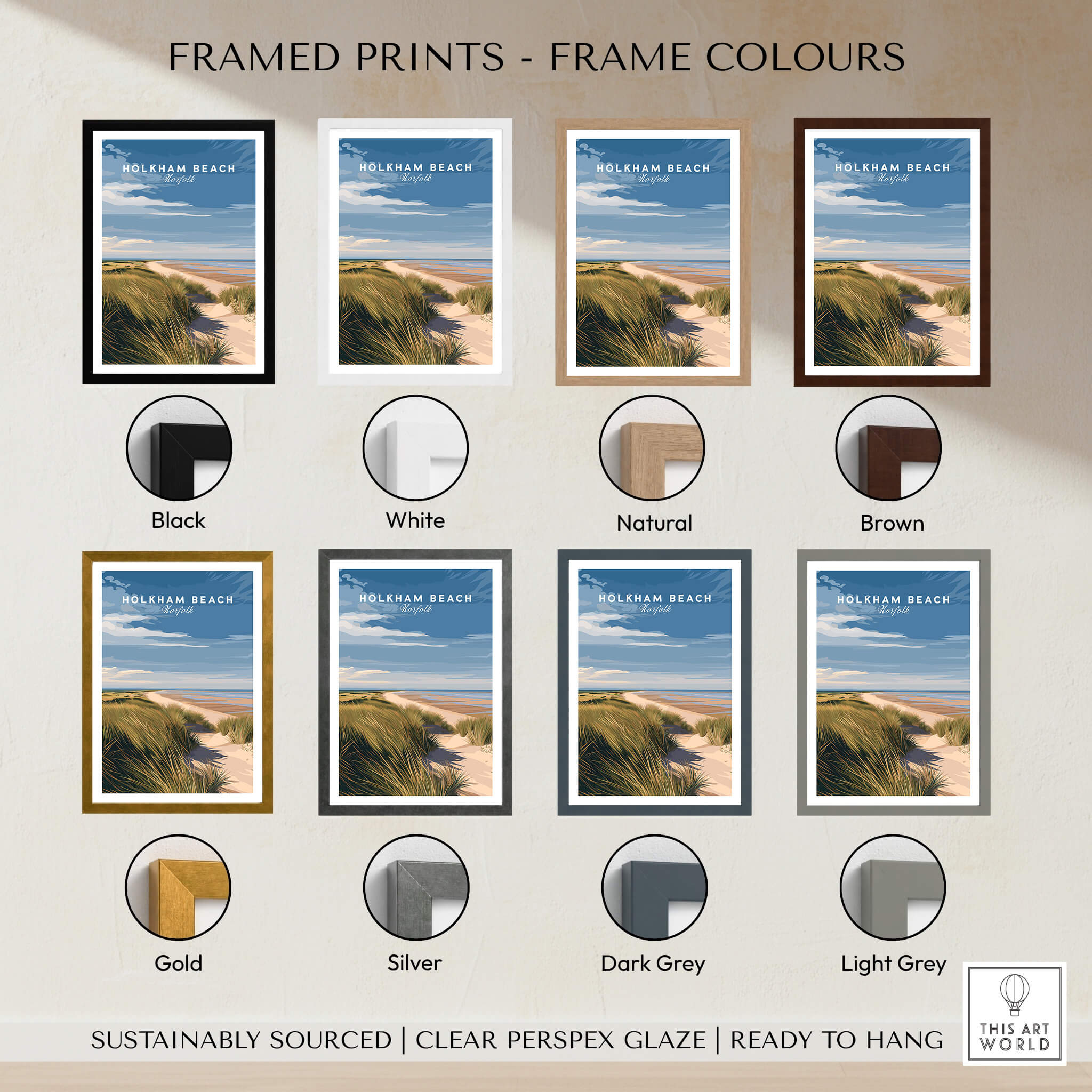 Holkham Beach Norfolk Travel Poster | Serene Beach Pathway Wall Art Print framed options including black, white, and brown frames.