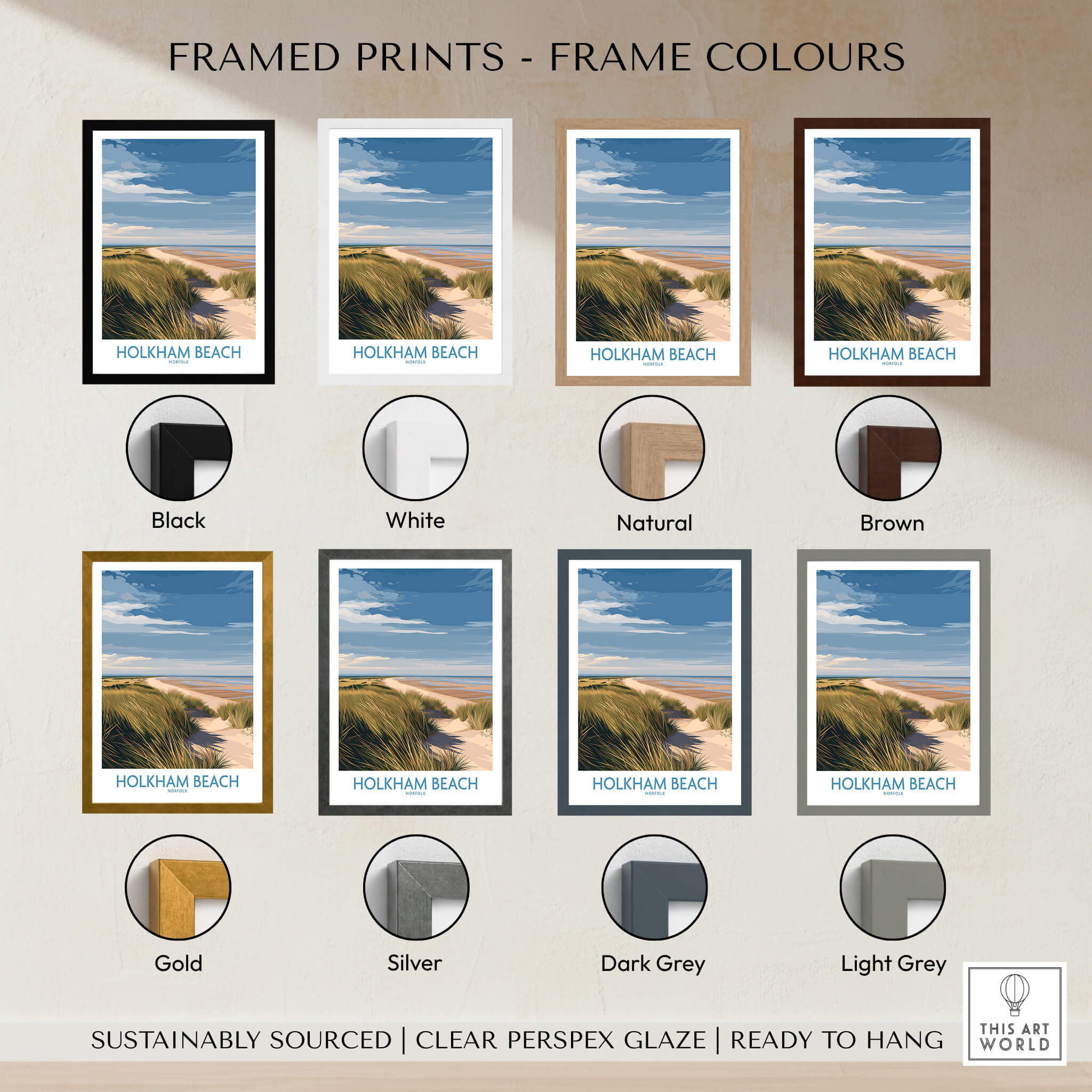 Framed prints colour options for Holkham Beach Norfolk Canvas Print | Minimalist British Seaside Landscape Poster.