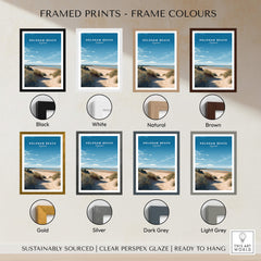 Framed prints options for Holkham Beach Norfolk Wall Art Print | British Beach Travel Poster in various colors.