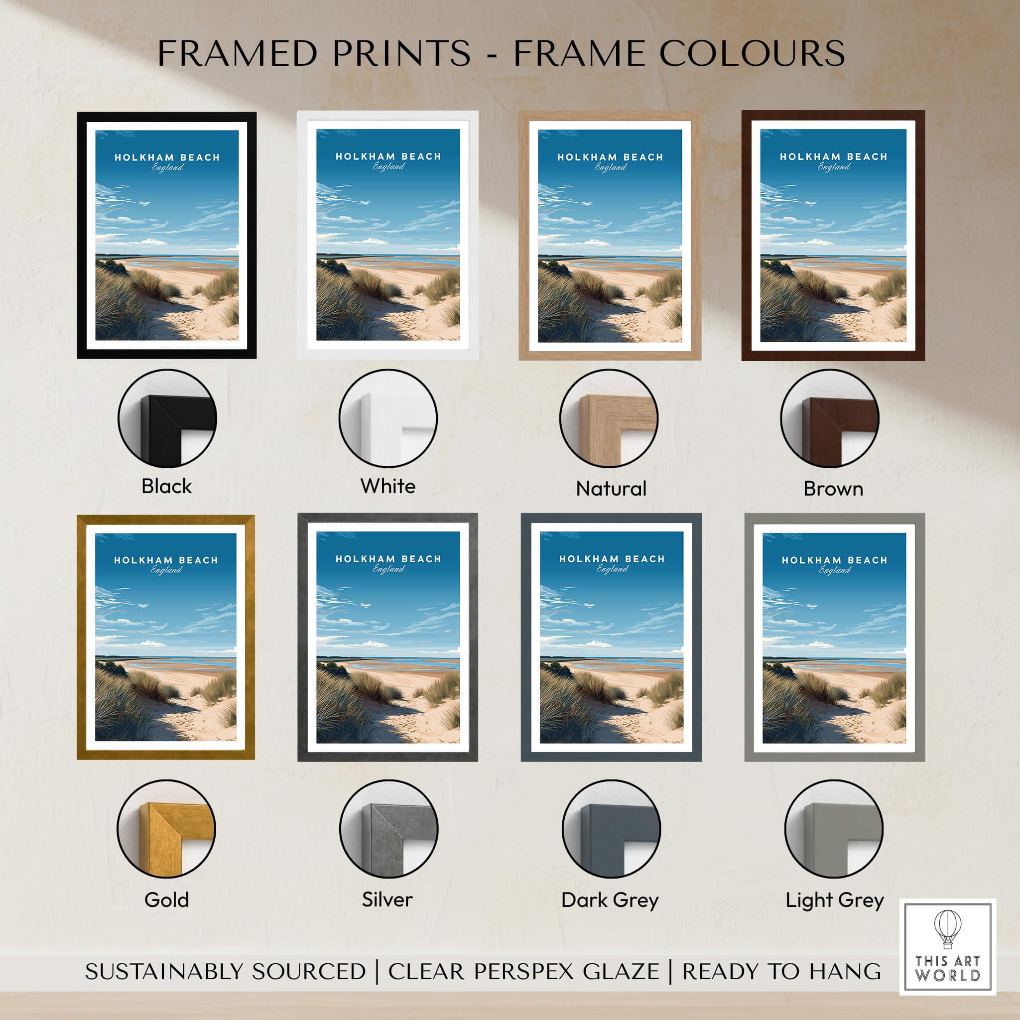 Framed prints options for Holkham Beach Norfolk Wall Art Print | British Beach Travel Poster in various colors.