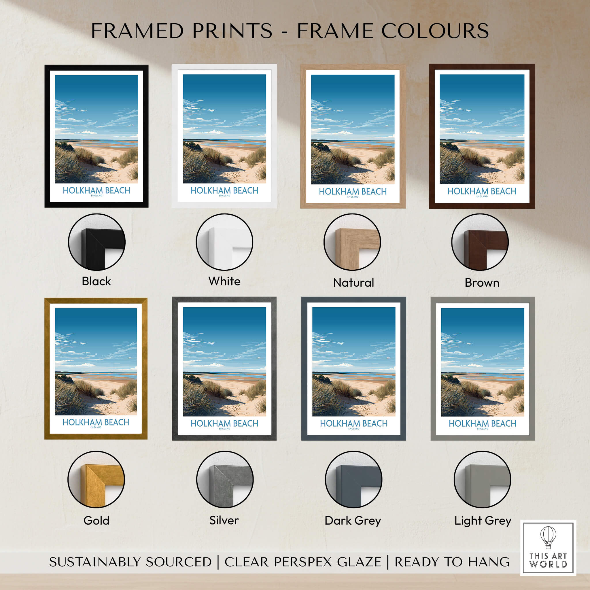 Framed Prints in various colors for Holkham Beach Norfolk Poster | Serene Coastal Landscape Canvas Print.