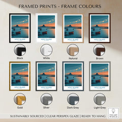 Holy Island Northumberland Poster | Coastal Castle Sunset Canvas Print framed in various colors including black, white, and natural.
