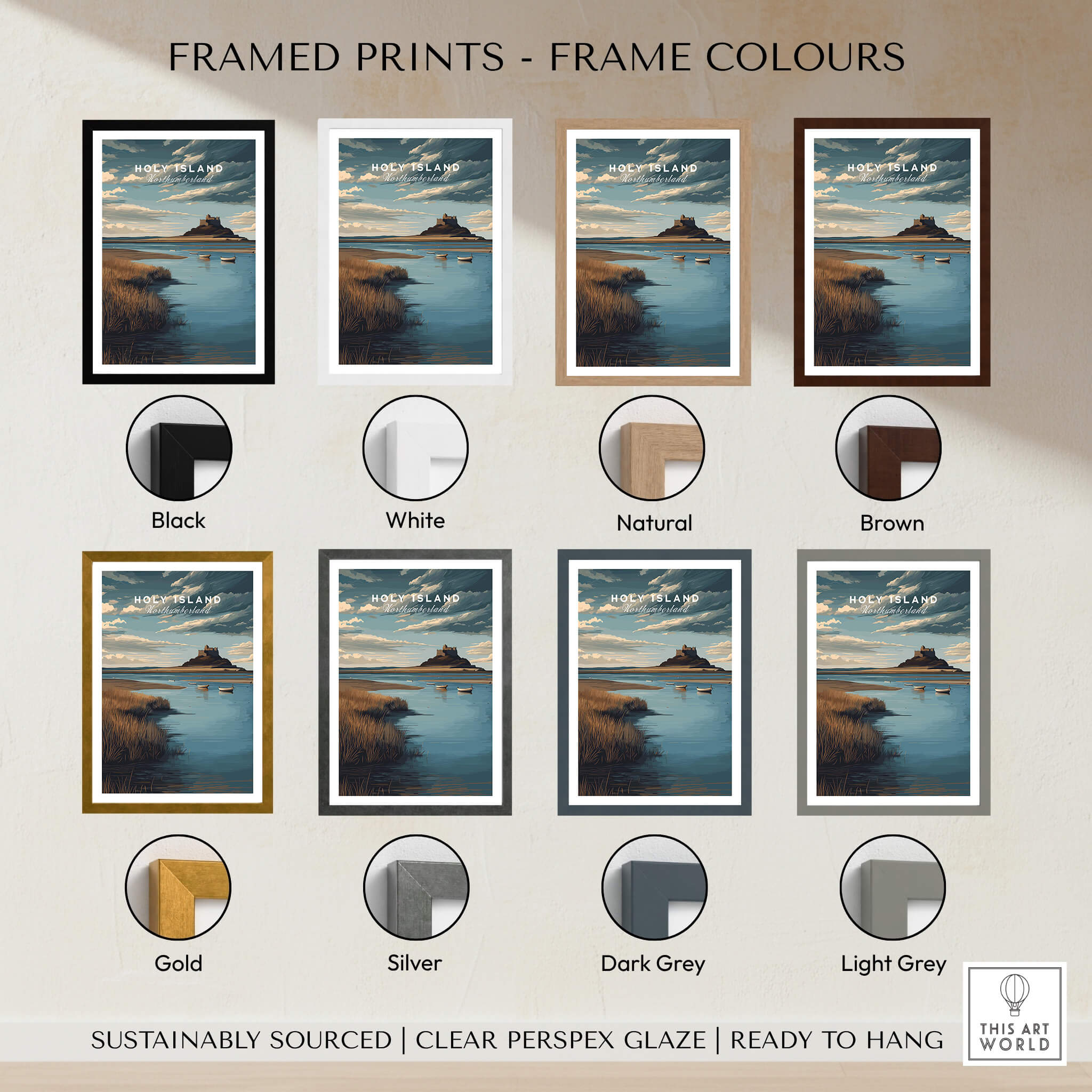 Framed prints of Holy Island Northumberland Travel Poster | Lindisfarne Castle Wall Art Print in various colors.