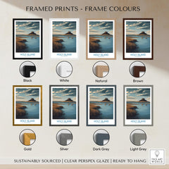 Holy Island Northumberland Poster | Historic England Coast Canvas Print framed in various colors including Black, White, Natural, Brown.