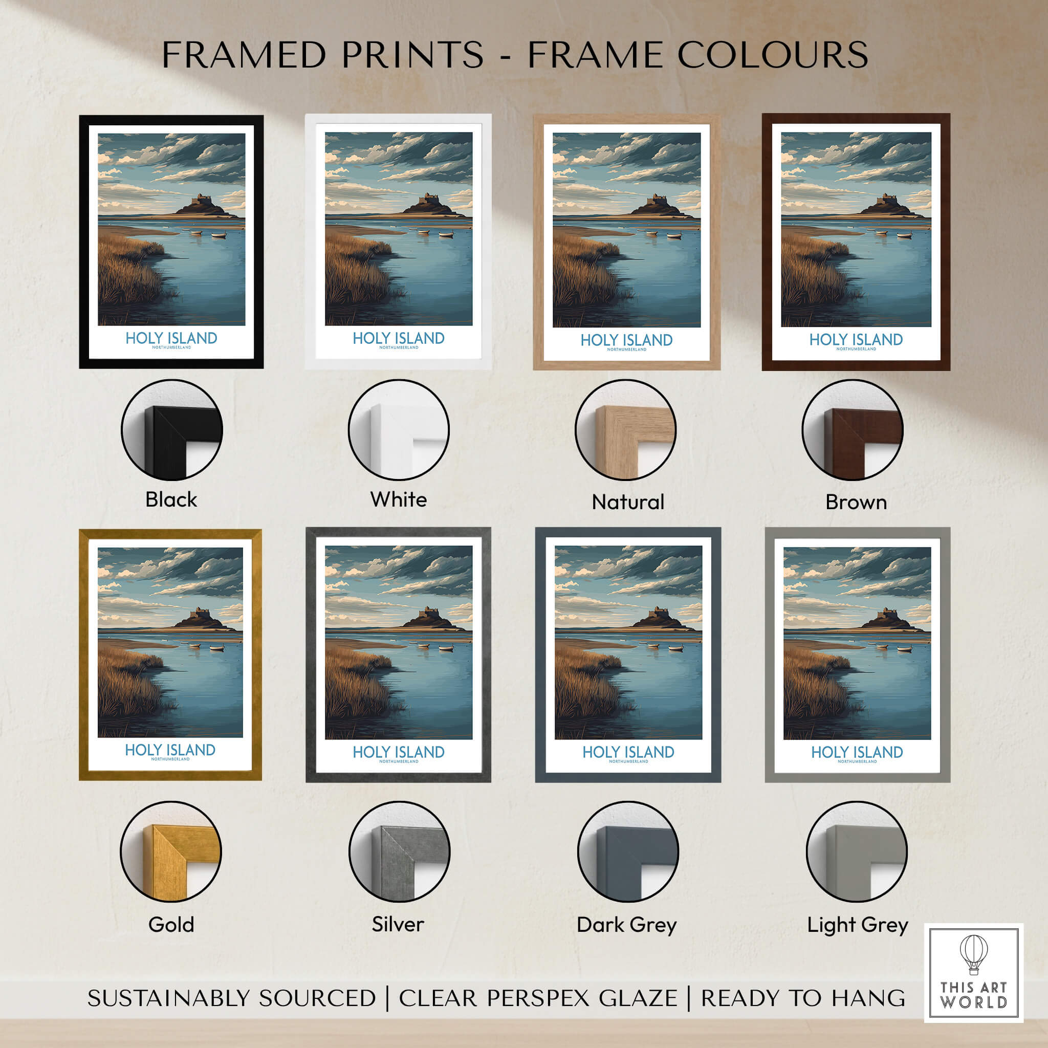 Holy Island Northumberland Poster | Historic England Coast Canvas Print framed in various colors including Black, White, Natural, Brown.