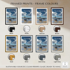 Framed options for Holy Island Travel Poster Northumberland | Coastal Landscape Wall Art Print in various colors.