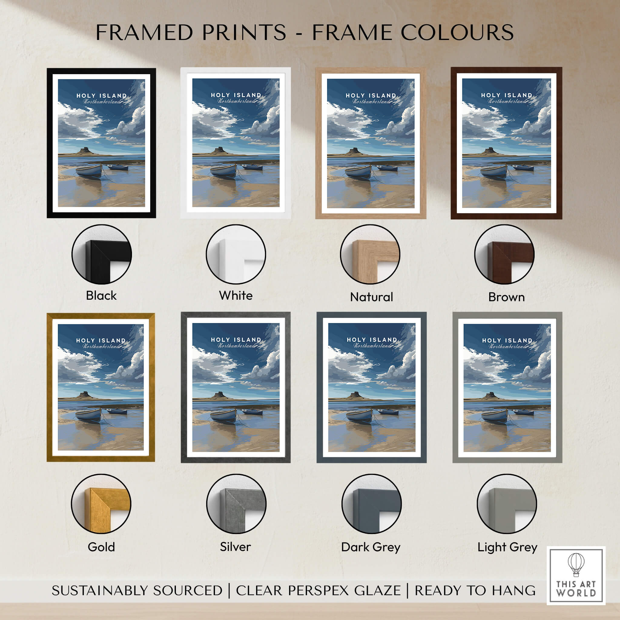 Framed options for Holy Island Travel Poster Northumberland | Coastal Landscape Wall Art Print in various colors.
