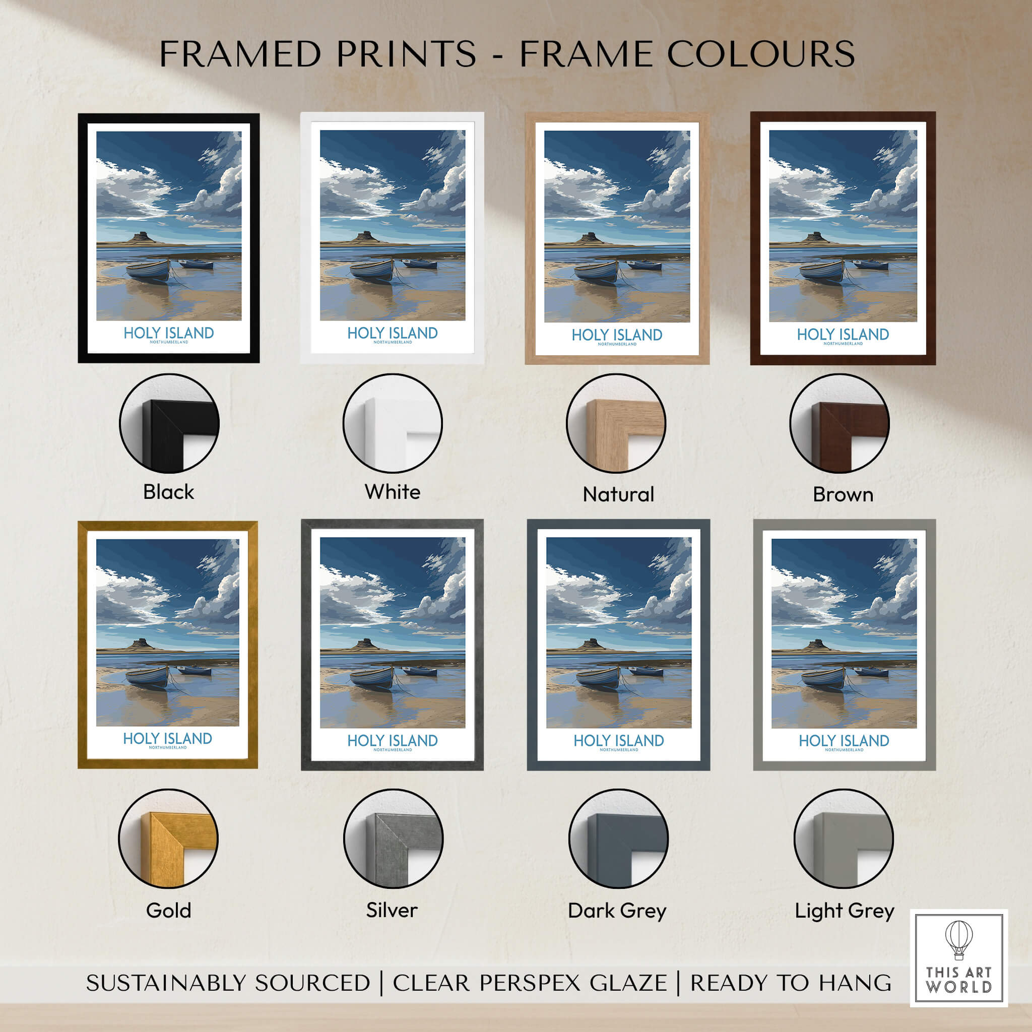 Holy Island Northumberland Poster | North Sea Coast Canvas Print framed print color options display.