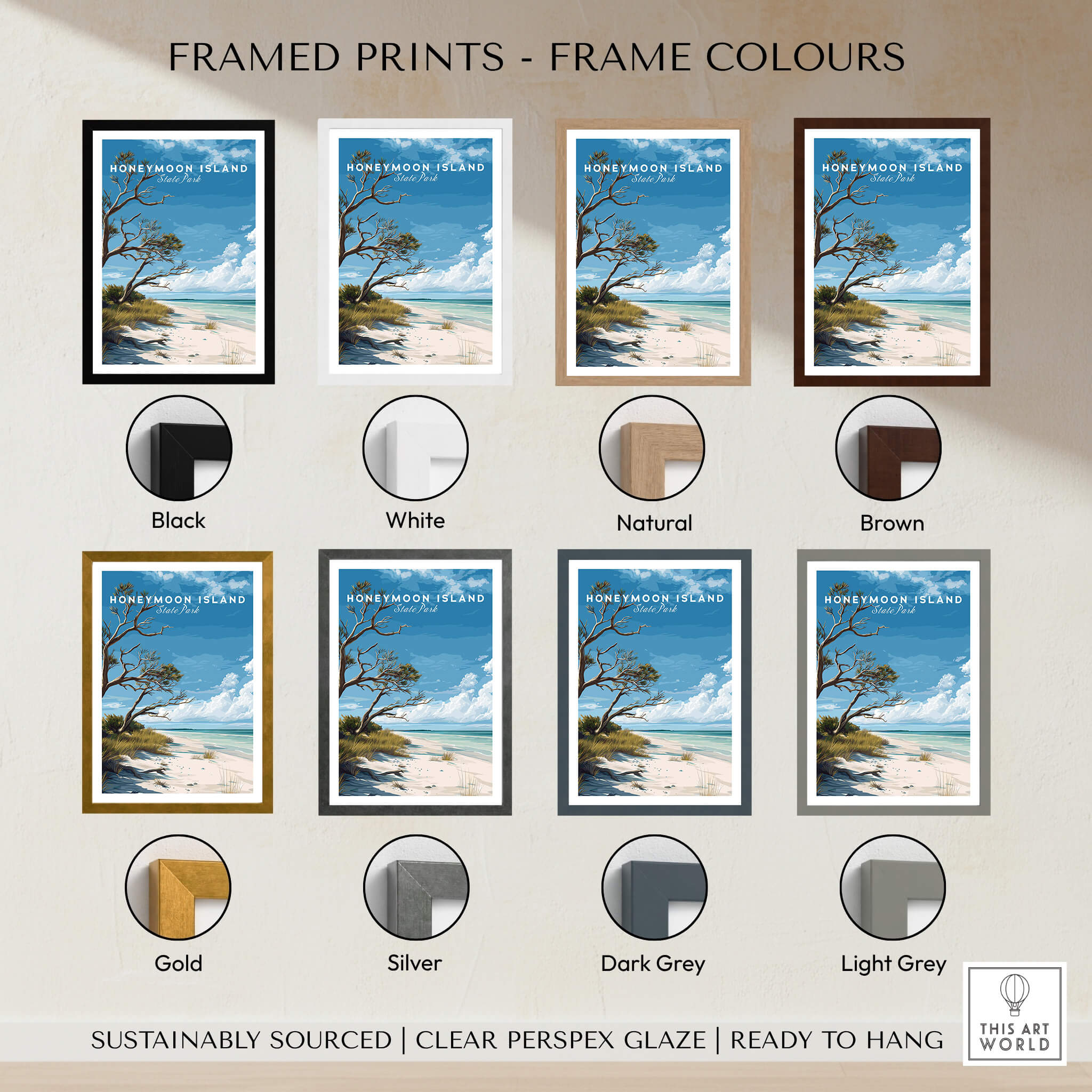 Honeymoon Island Wall Art Print | Florida Tropical Beach Travel Poster available in various frame colors including black, white, natural, brown and more.