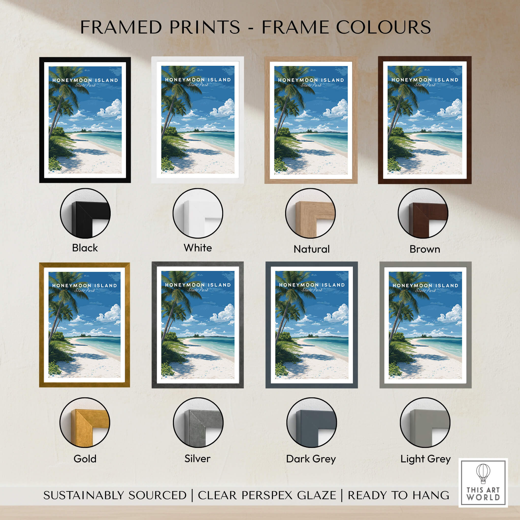 Honeymoon Island Travel Poster | Florida Beach Wall Art Print in various frame colors options including black, white, natural, and brown.