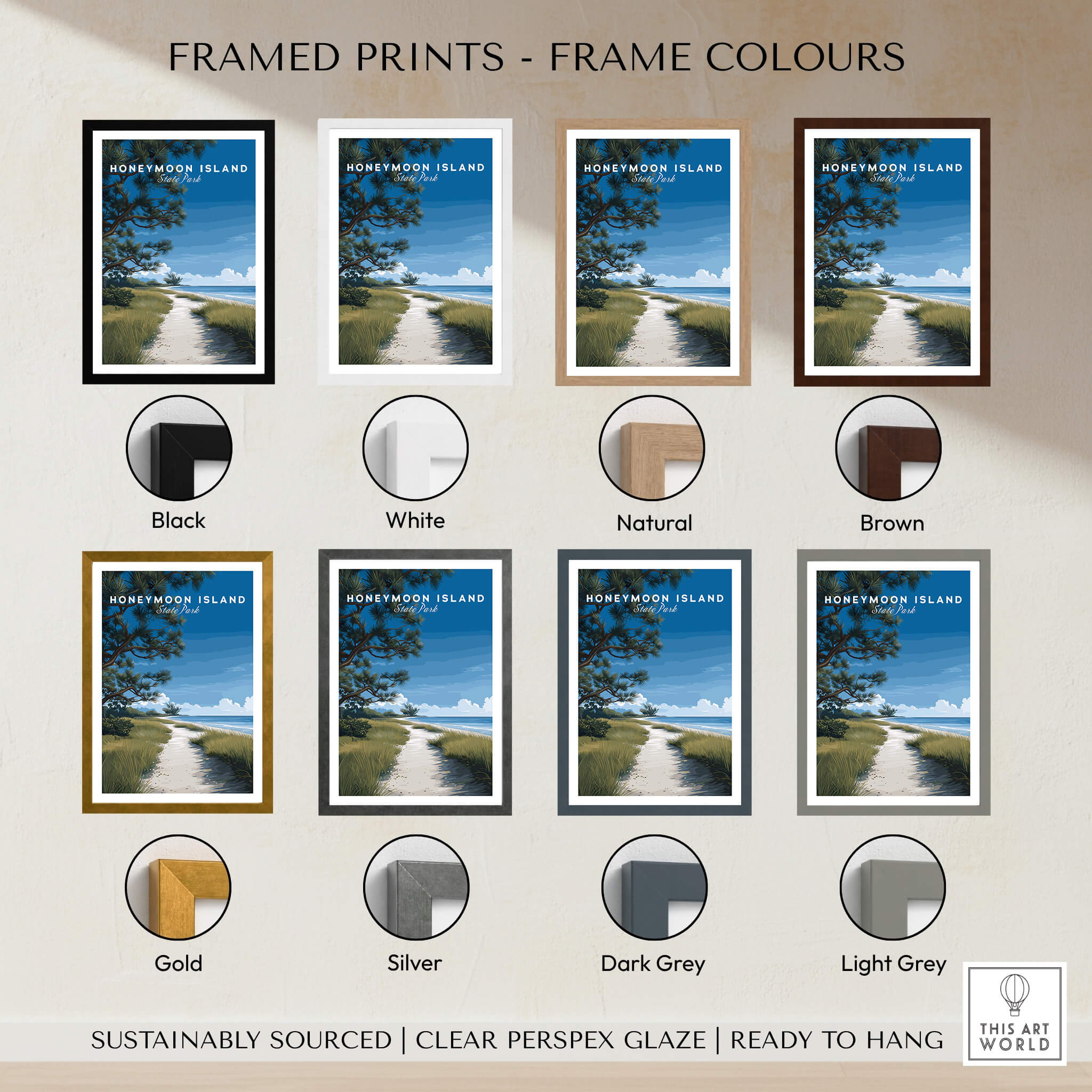 Honeymoon Island Wall Art Print | Florida Travel Poster available in various frame colors including black, white, natural, and brown.