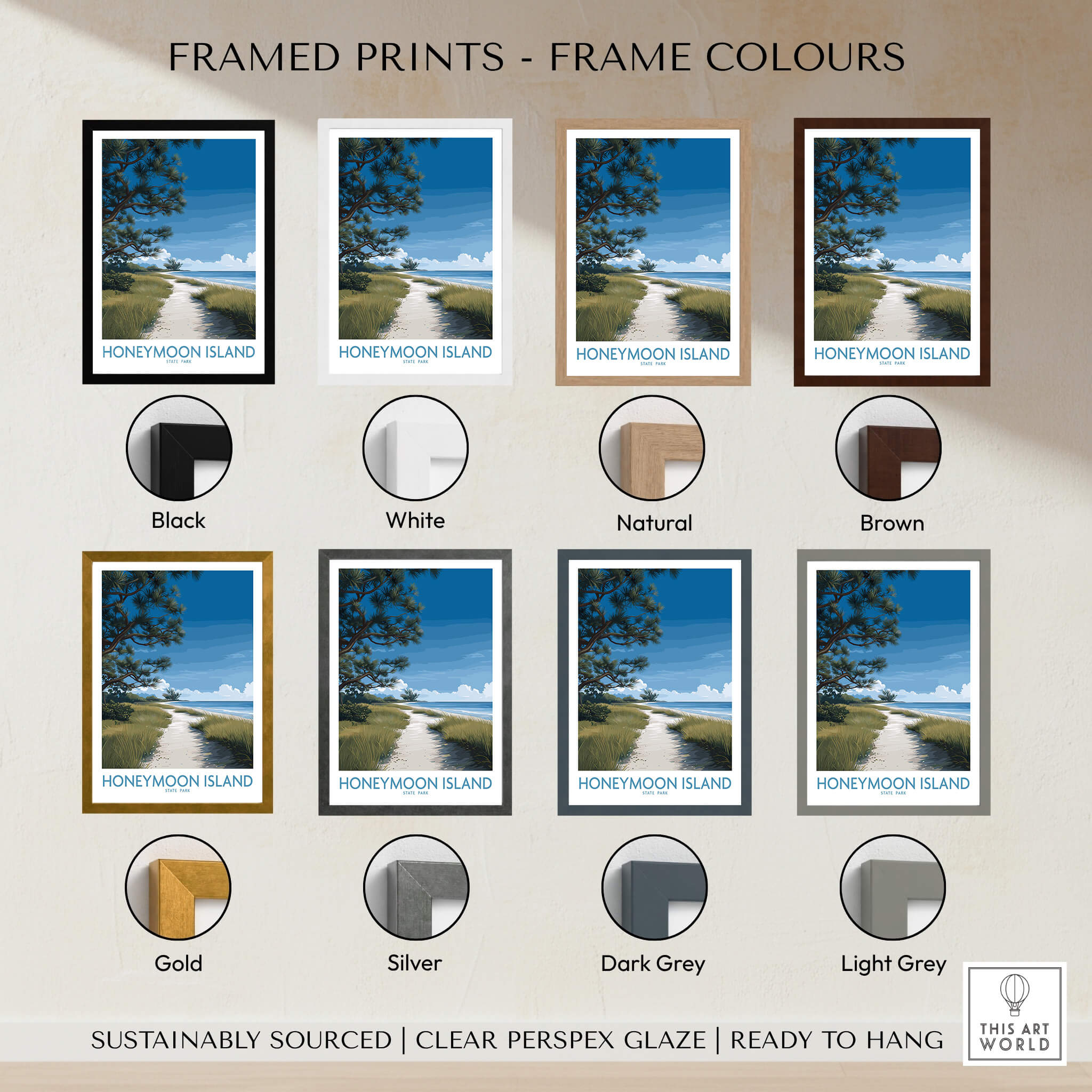 Honeymoon Island Florida Poster | Gulf Coast Landscape Canvas Print framed in various colors options including black, white, brown, and gold.