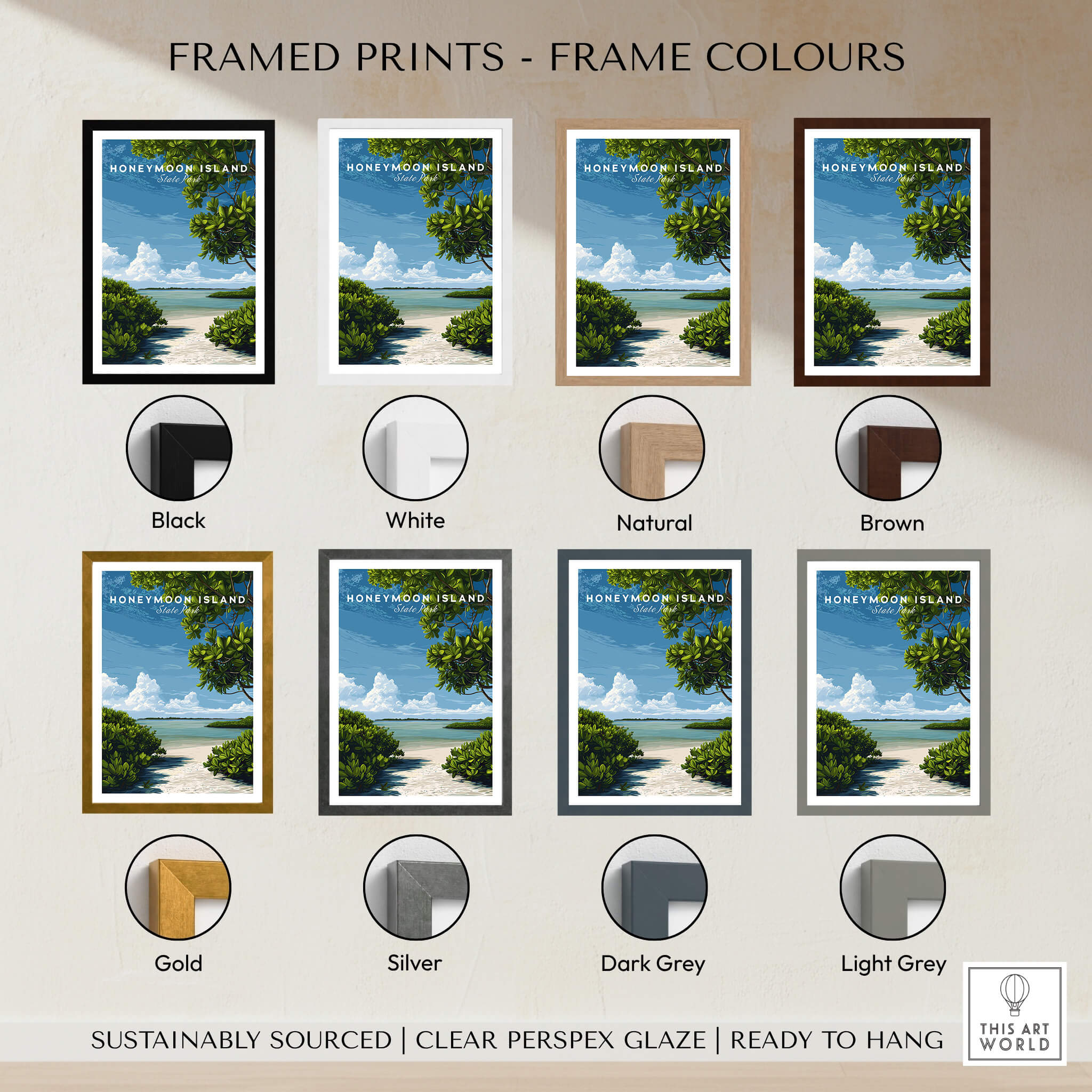 Honeymoon Island Florida Travel Poster | Mangrove Coast Wall Art Print framed in various colors including black, white, and natural.