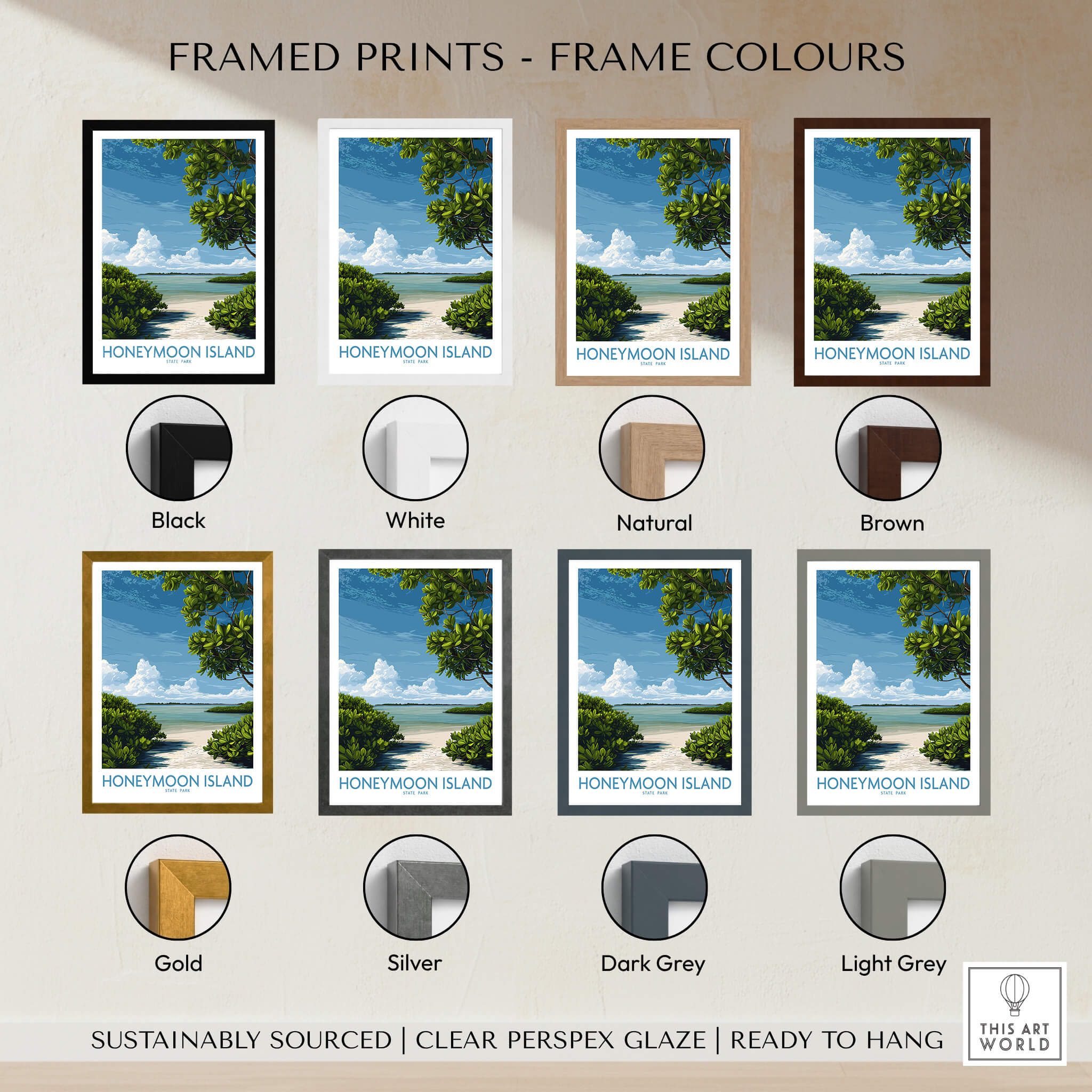 Honeymoon Island Florida Poster | Tropical Island Scene Canvas Print framed in various colors including black, white, natural, brown, gold, silver, dark grey, light grey.