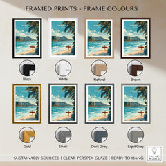 Honolulu Wall Art Print | Waikiki Beach Hawaii Travel Poster framed in various colors including black, white, natural, and brown.