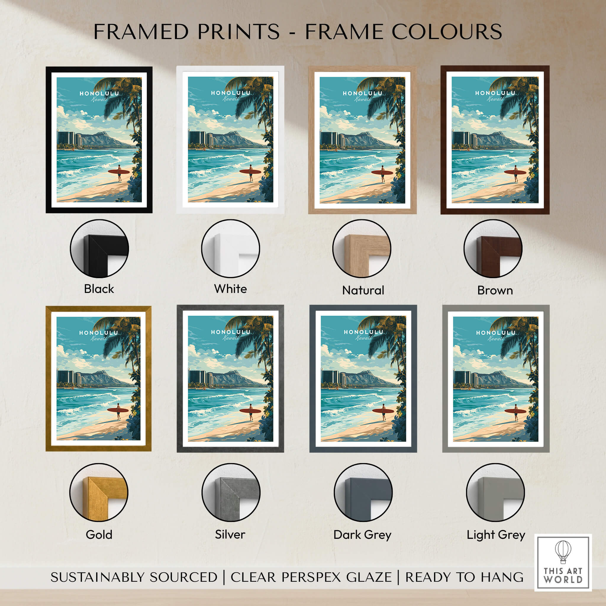 Honolulu Wall Art Print | Waikiki Beach Hawaii Travel Poster framed in various colors including black, white, natural, and brown.