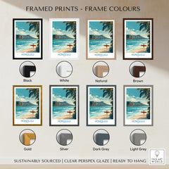 Framed Honolulu Poster | Hawaii Surfing Canvas Print in various colors including Black, White, Natural, and Brown.