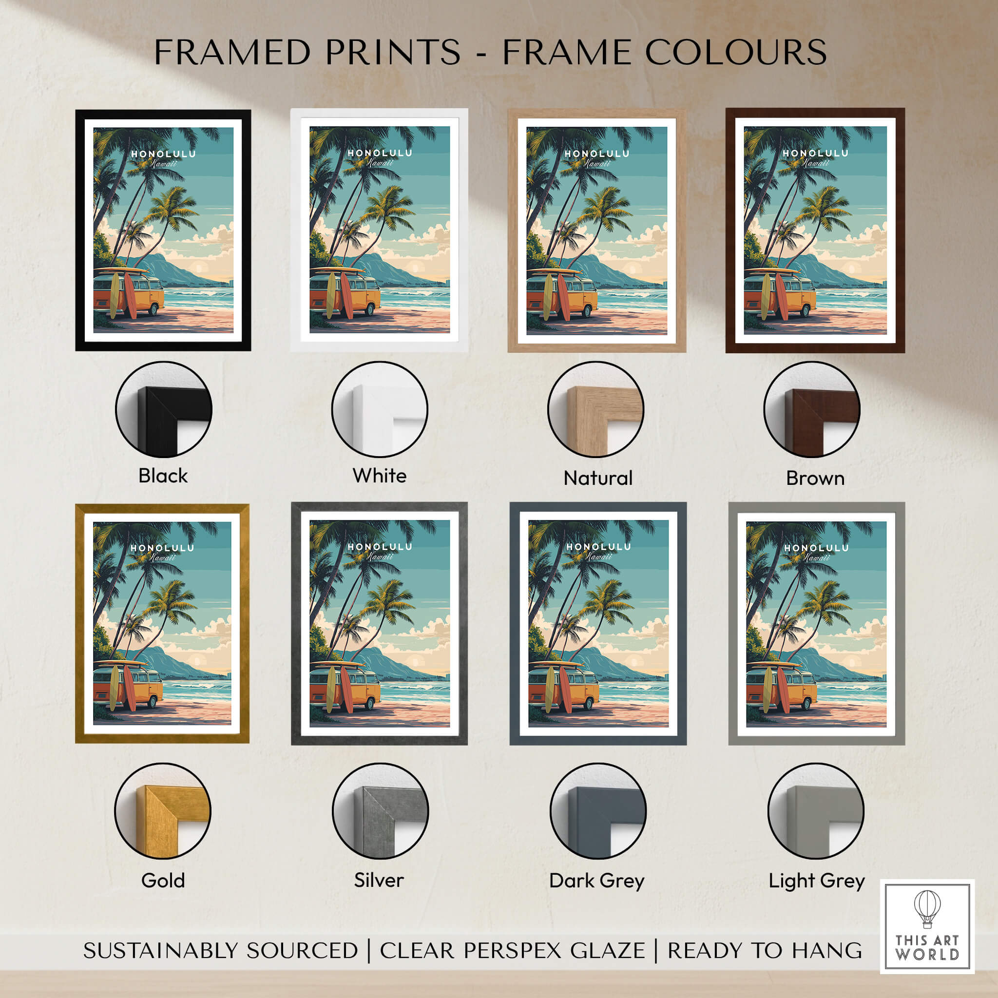Honolulu Hawaii Travel Poster | Surf Van Beach Wall Art Print displayed in various frame colors.