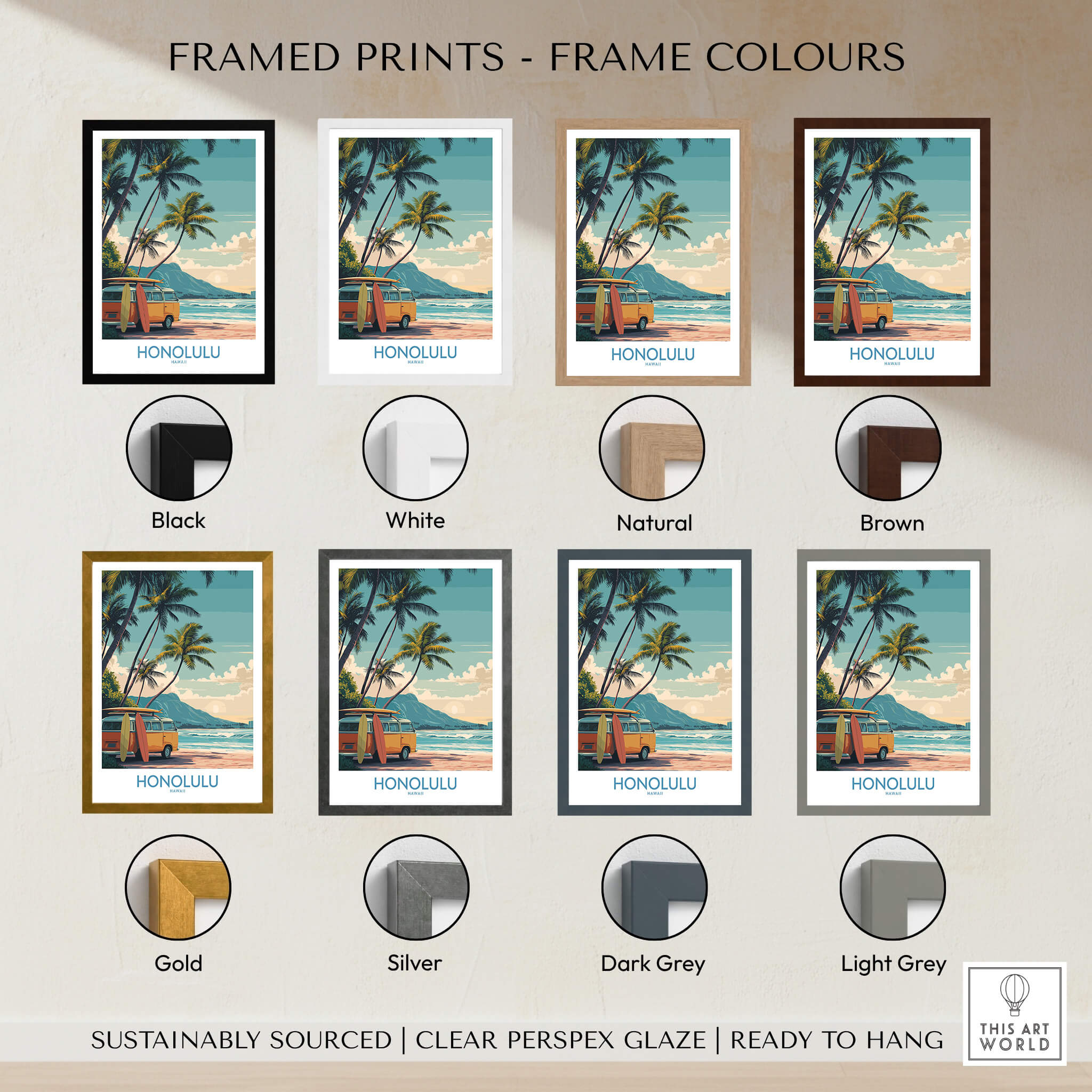 Honolulu Hawaii Poster | Vintage Aloha Style Canvas Print framed color options including black, white, natural, brown, gold, silver, dark grey, and light grey