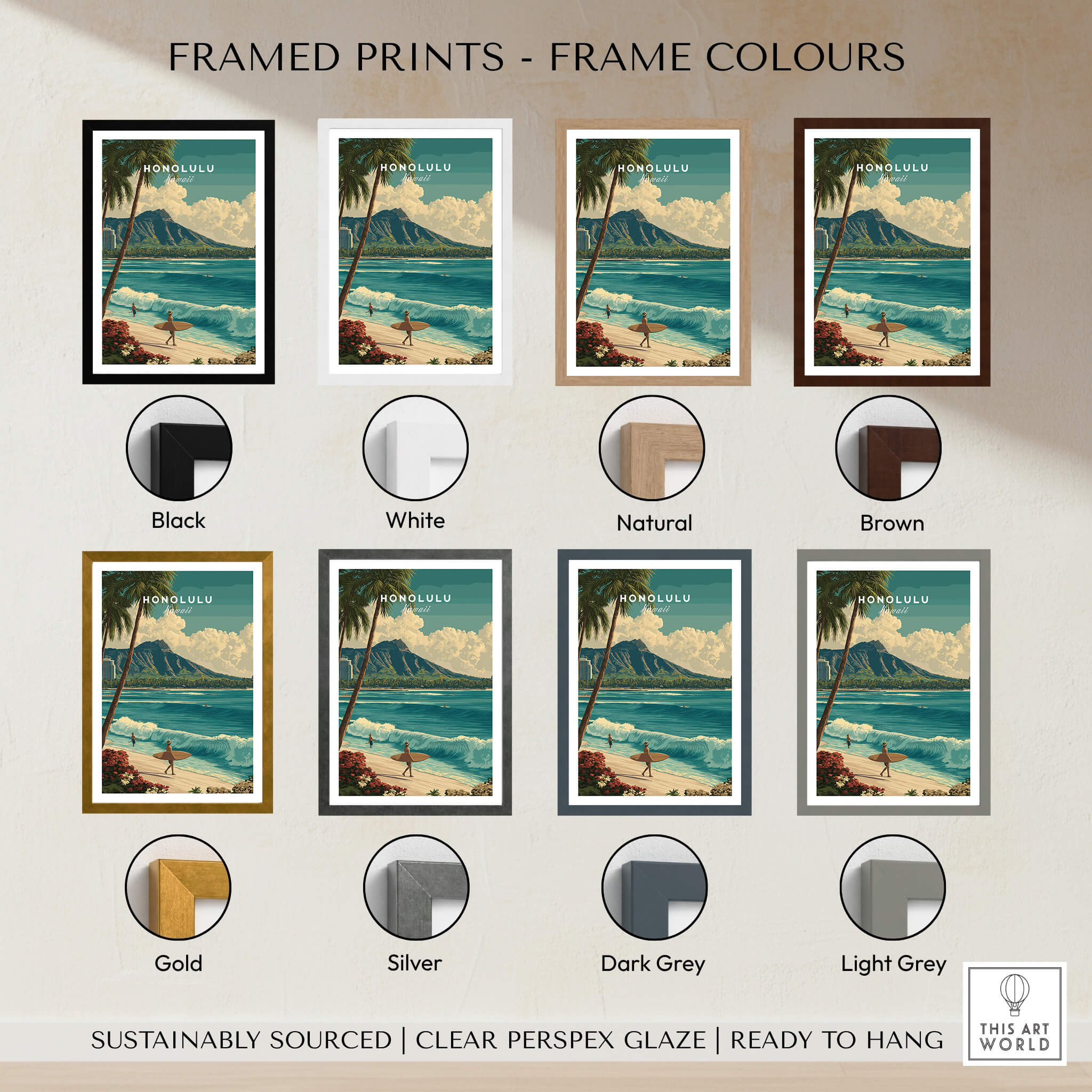 Honolulu Hawaii Wall Art Print | Waikiki Beach Surf Travel Poster framed in various color options including black and white