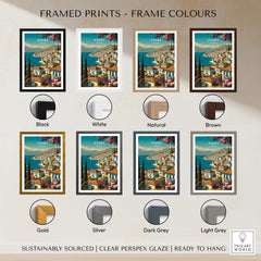 Hydra Greece Wall Art Print | Mediterranean Coastal Town Travel Poster displayed in various frame colors.