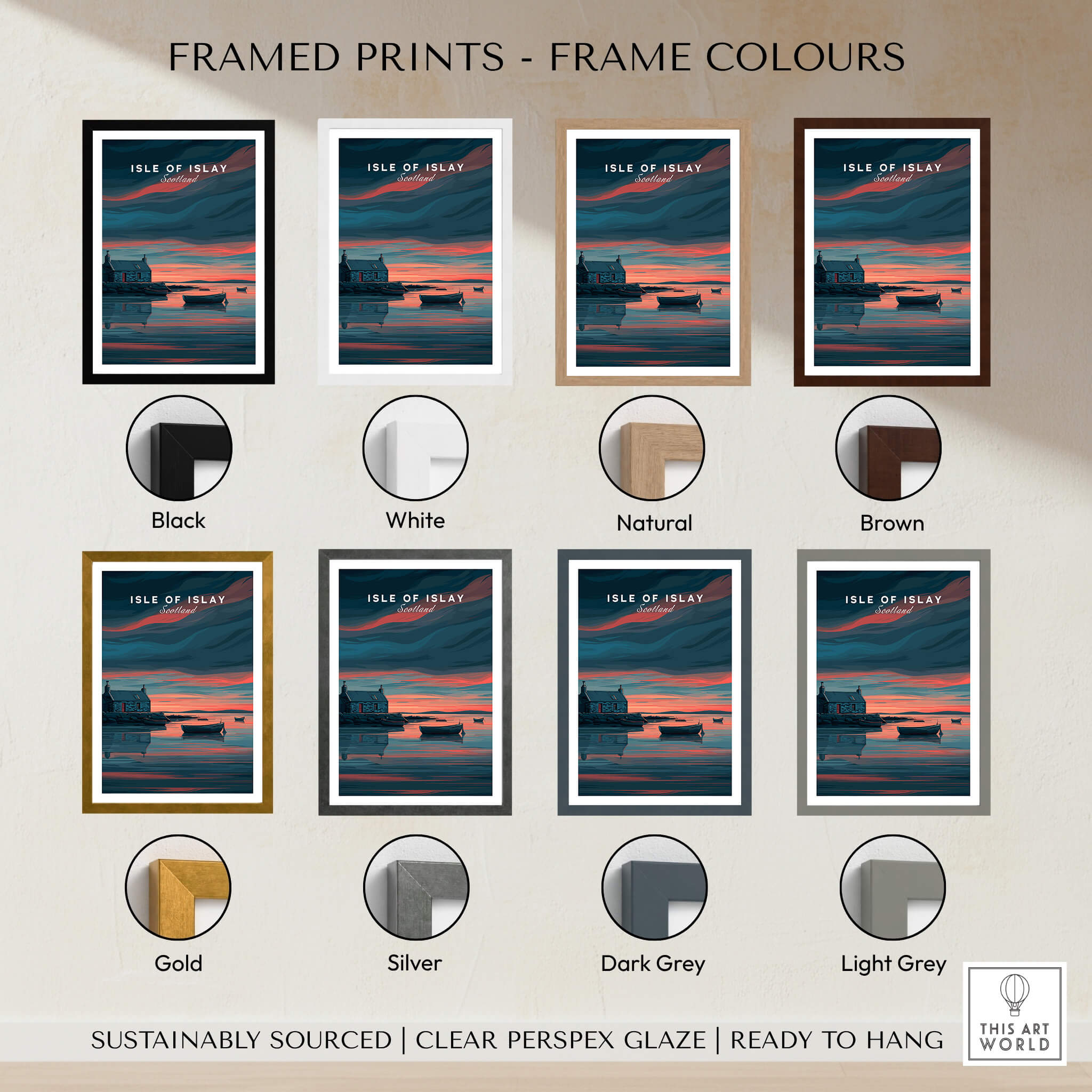 Isle of Islay Scotland Travel Posters | Highland Coastal House Wall Art Print framed in various color options.