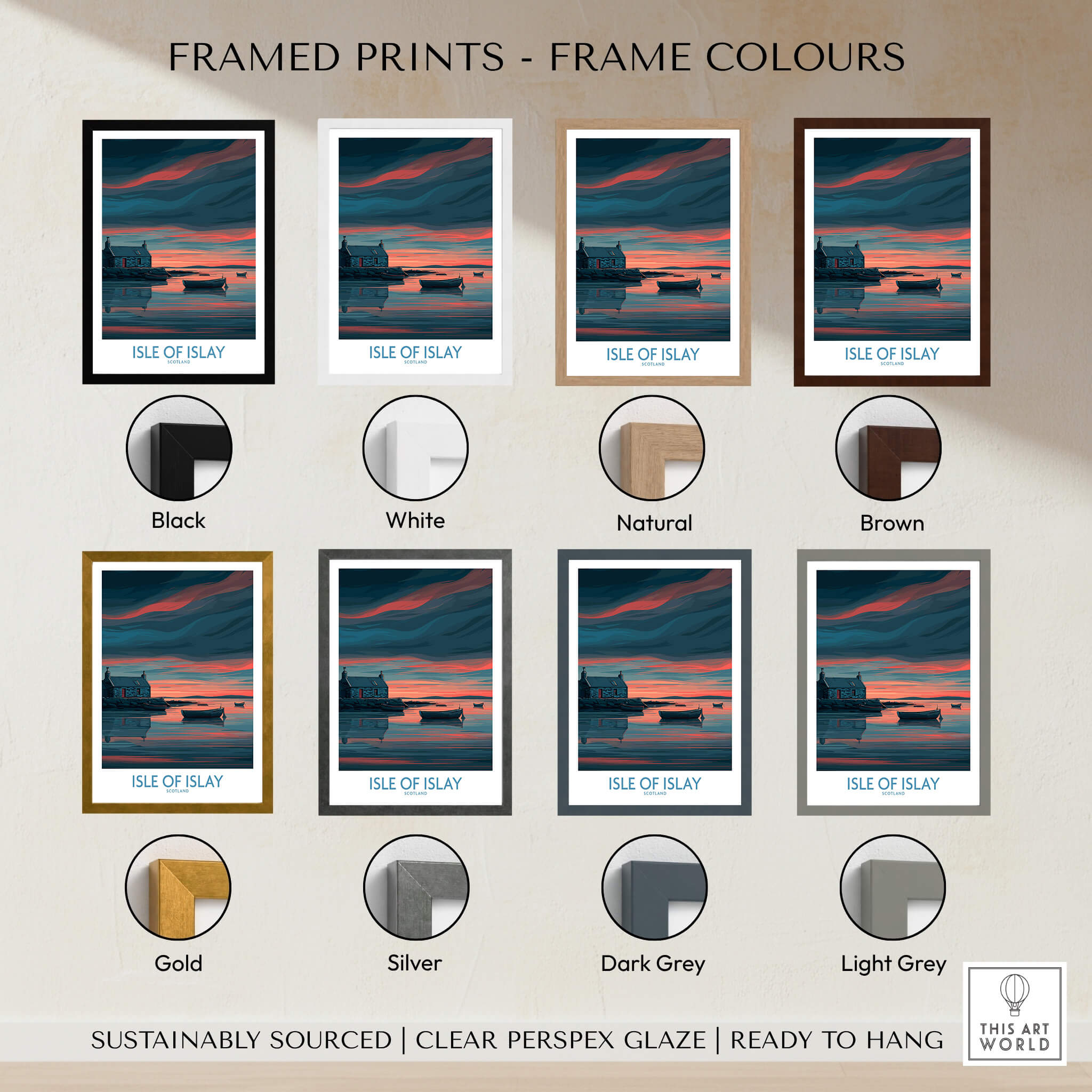 Framed Isle of Islay Scotland Posters | Scottish Hebrides Seascape Canvas Print in various frame colors.