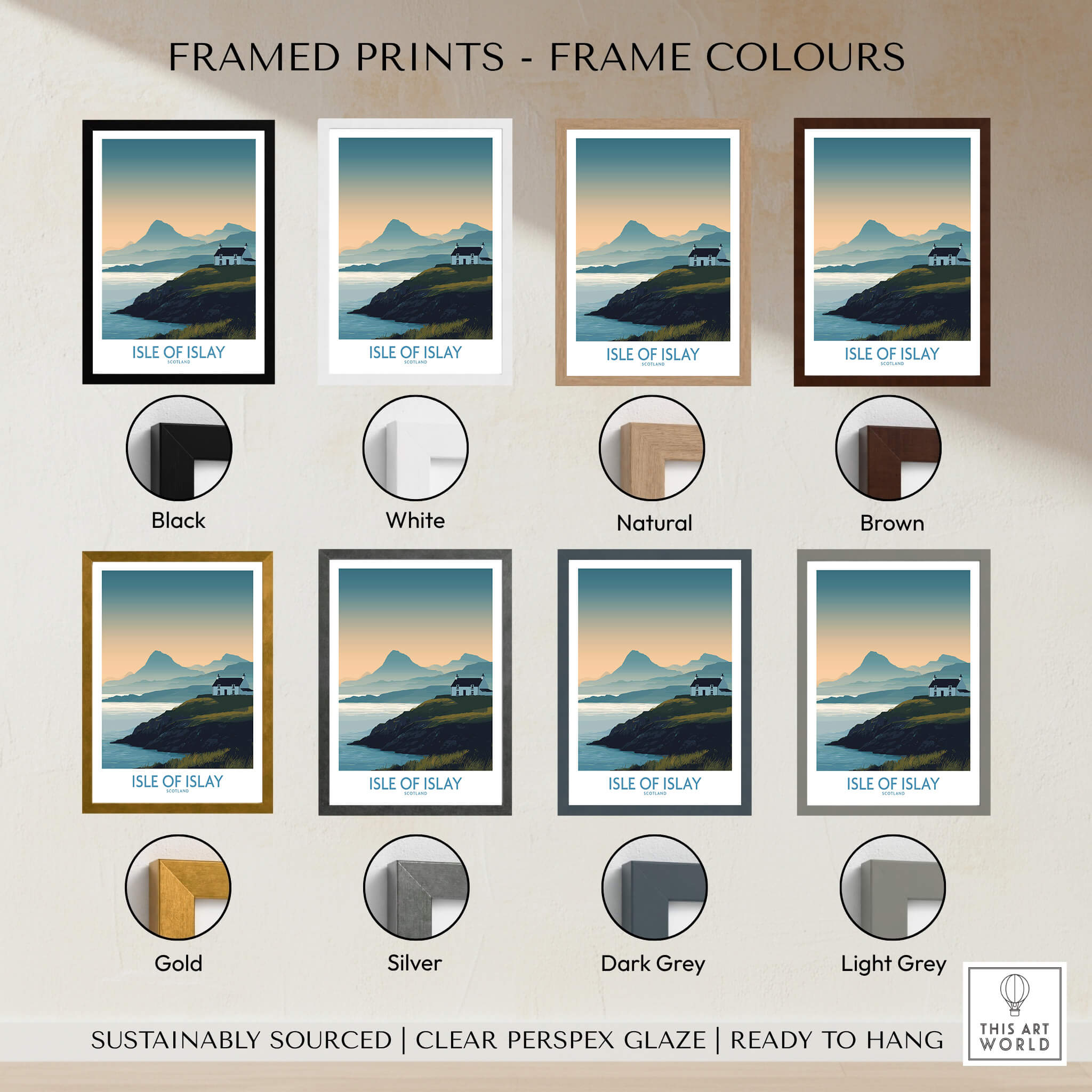Isle of Islay Scotland Canvas & Art Print framed options in various colors including black, white, brown, and more.