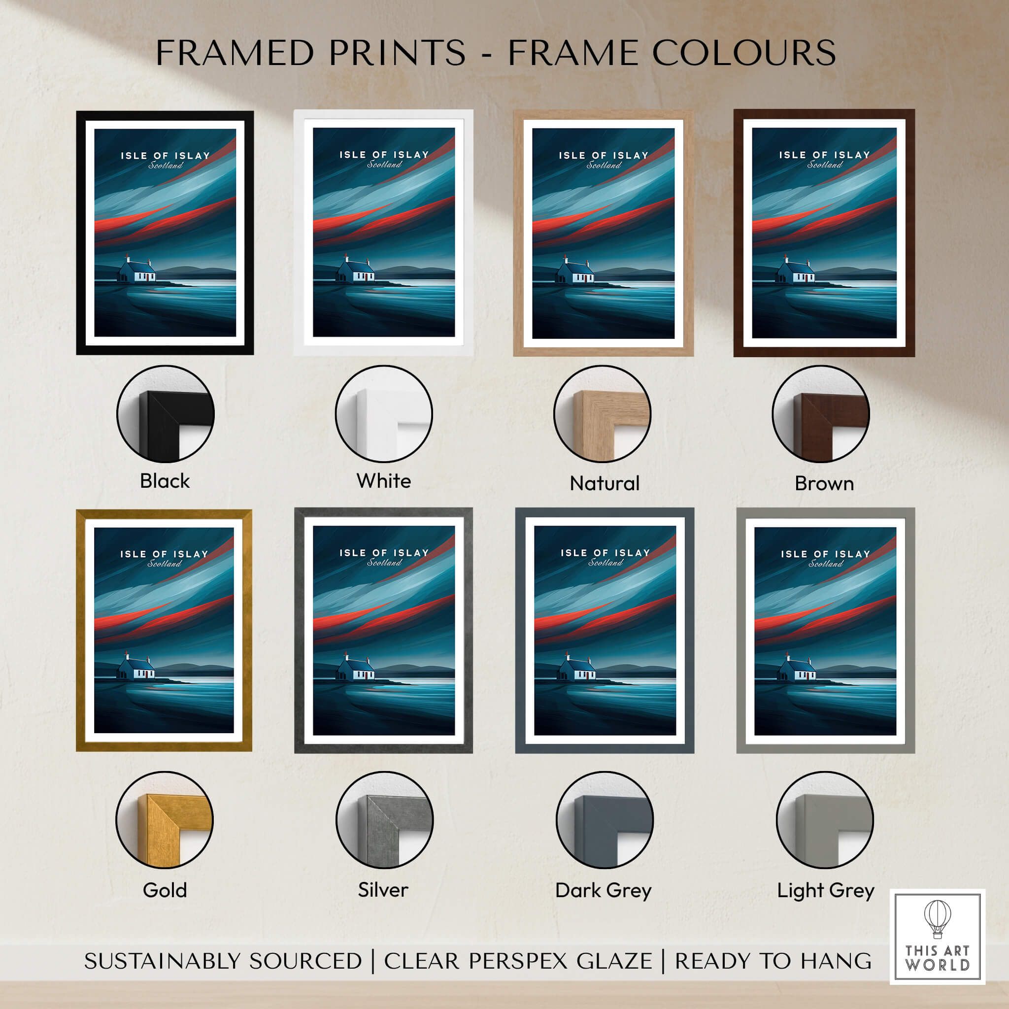Isle of Islay Scotland Wall Art Print | Dramatic Sky Travel Poster showcased in various frame colors.