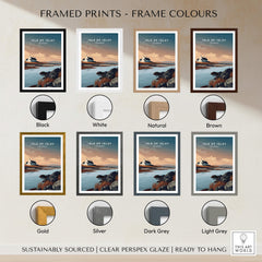 Isle of Islay Scotland Travel Posters | Scenic Coastal Cottage Wall Art Print framed in various colors options.