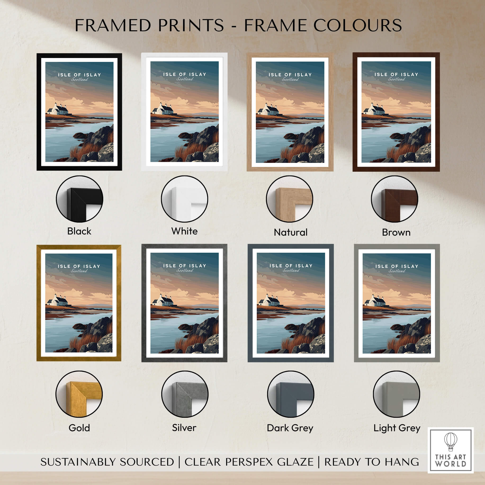 Isle of Islay Scotland Travel Posters | Scenic Coastal Cottage Wall Art Print framed in various colors options.