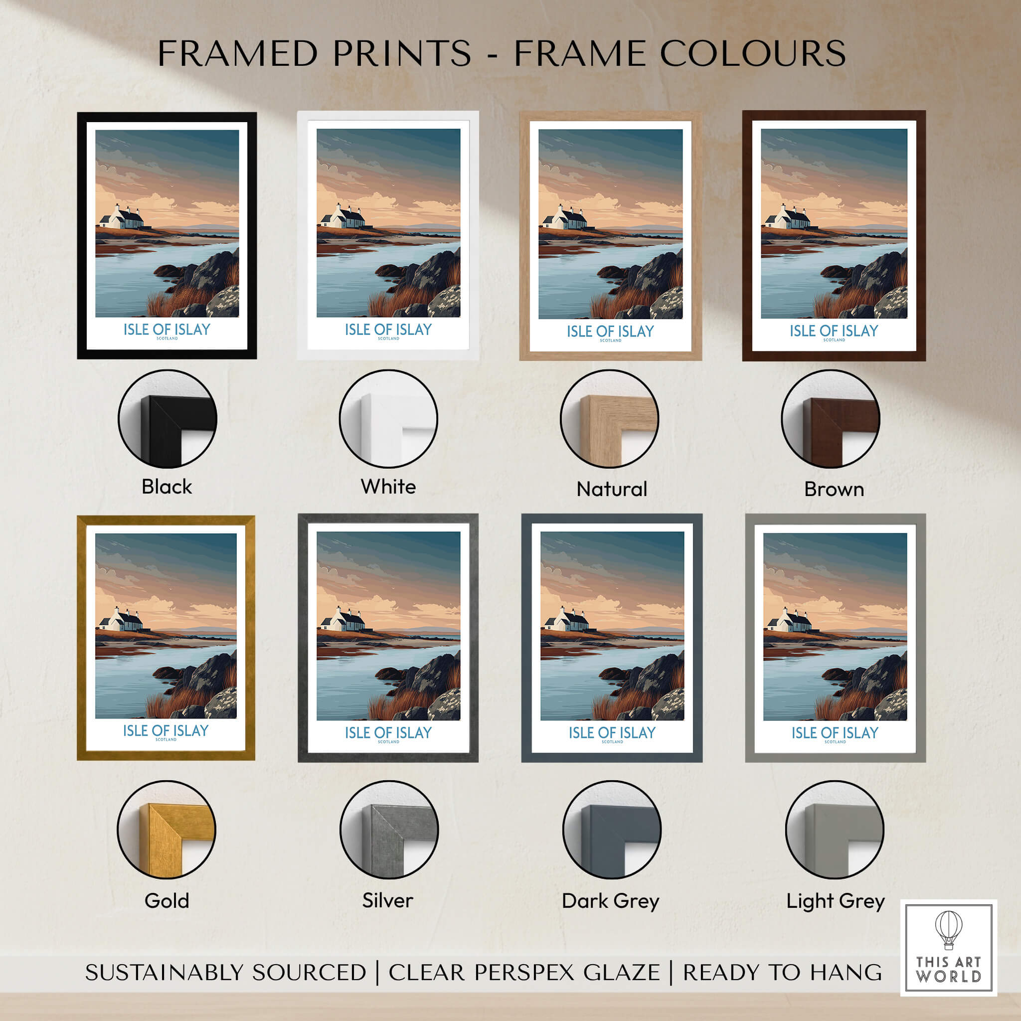 Isle of Islay Scotland Canvas Print | Hebrides Sunset Landscape Posters framed print color options including black, white, natural, and brown.