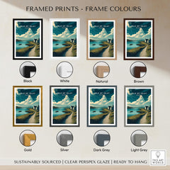 Isle of Islay Scotland Wall Art Print | Coastal Path Travel Poster displayed in various frame colors including black, white, natural, and brown.