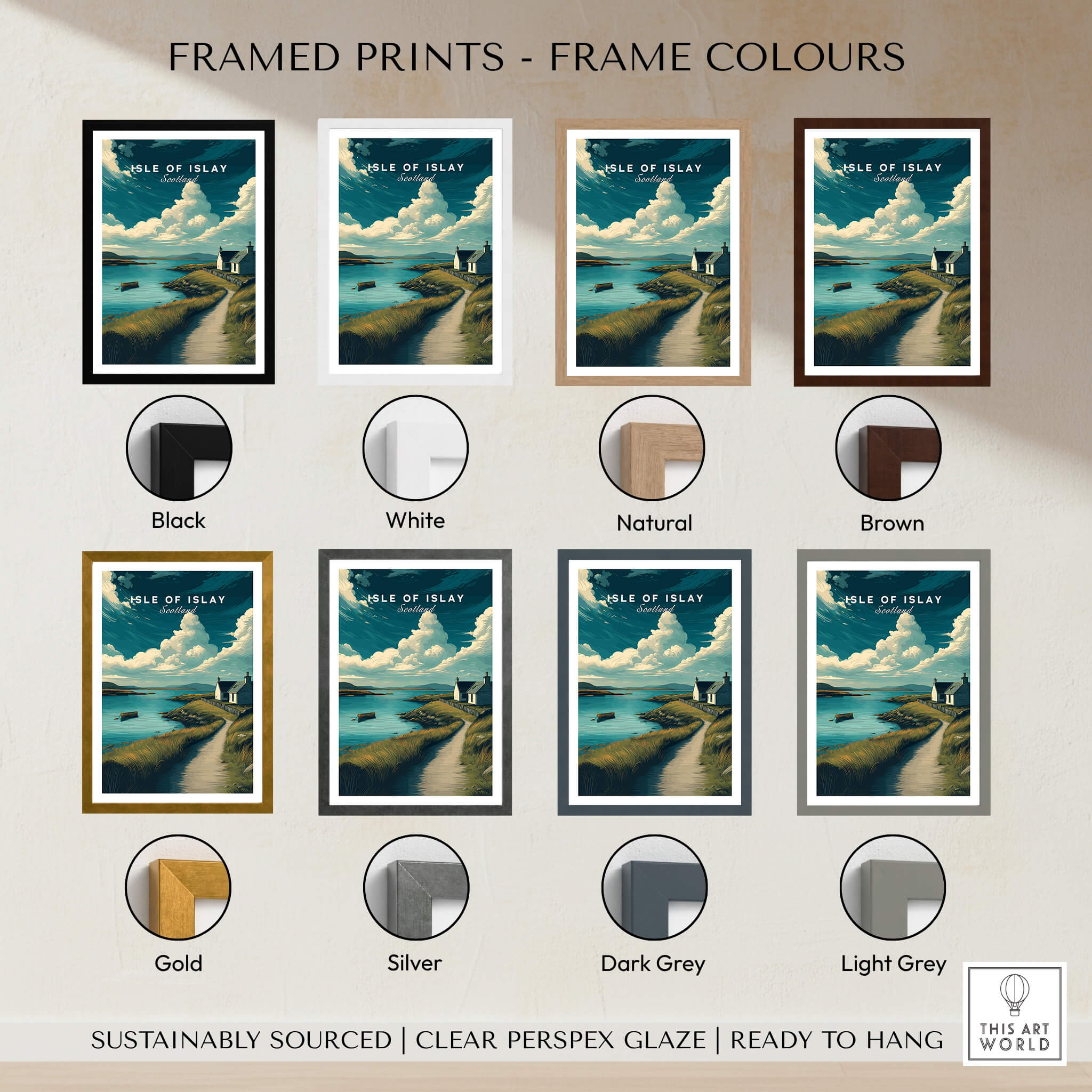Isle of Islay Scotland Wall Art Print | Coastal Path Travel Poster displayed in various frame colors including black, white, natural, and brown.